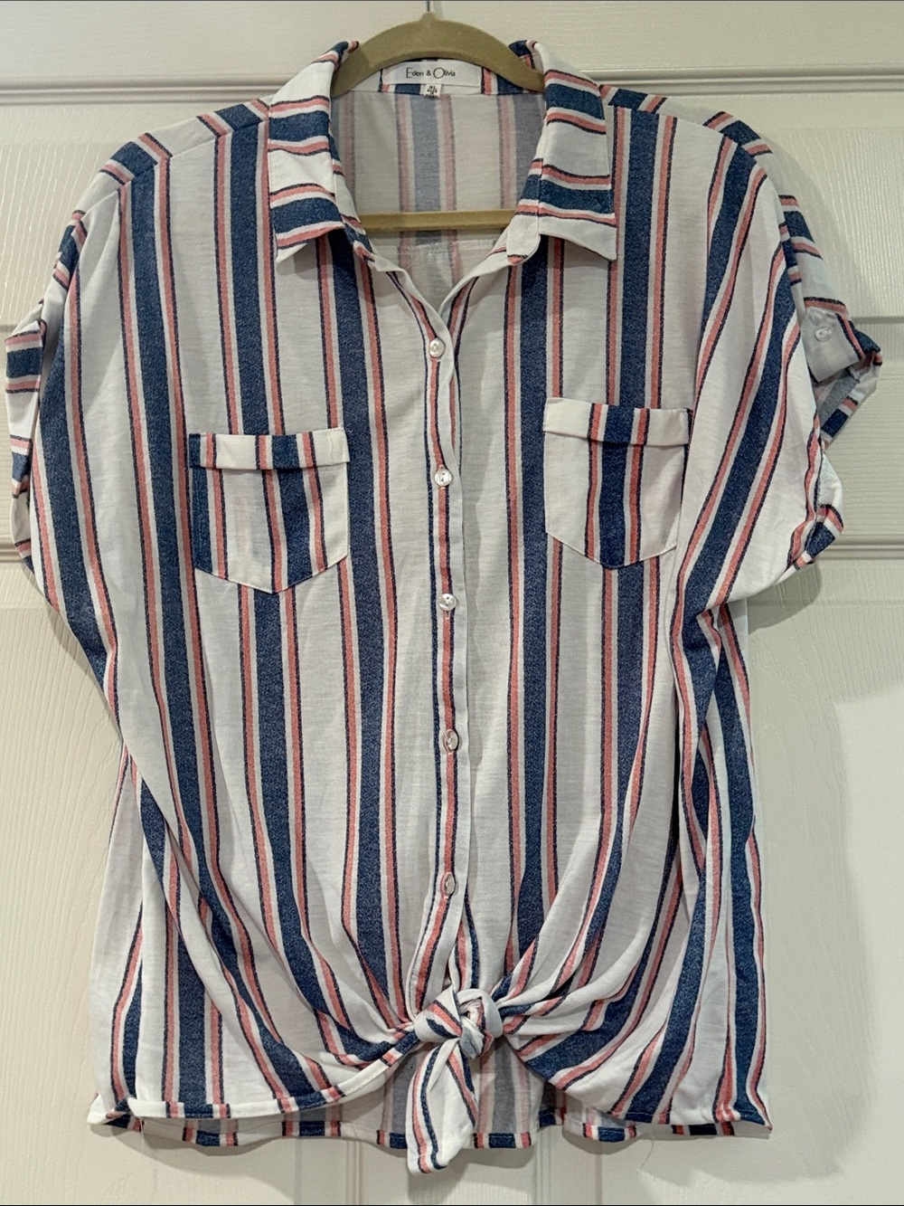Eden & Olivia White Button-Front Shirt with Navy & Dusty Pink Stripes